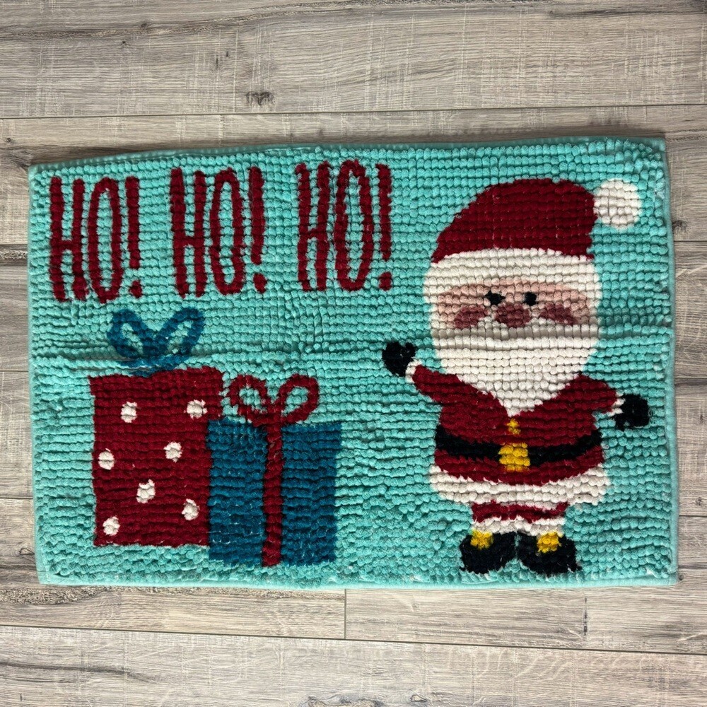 Matt floor HO HO HO Christmas Santa frilly soft fleece blue red presents cozy
